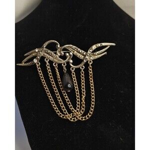 Vintage Brooch Art Nouveau Style Black Stone and Chains Gothic